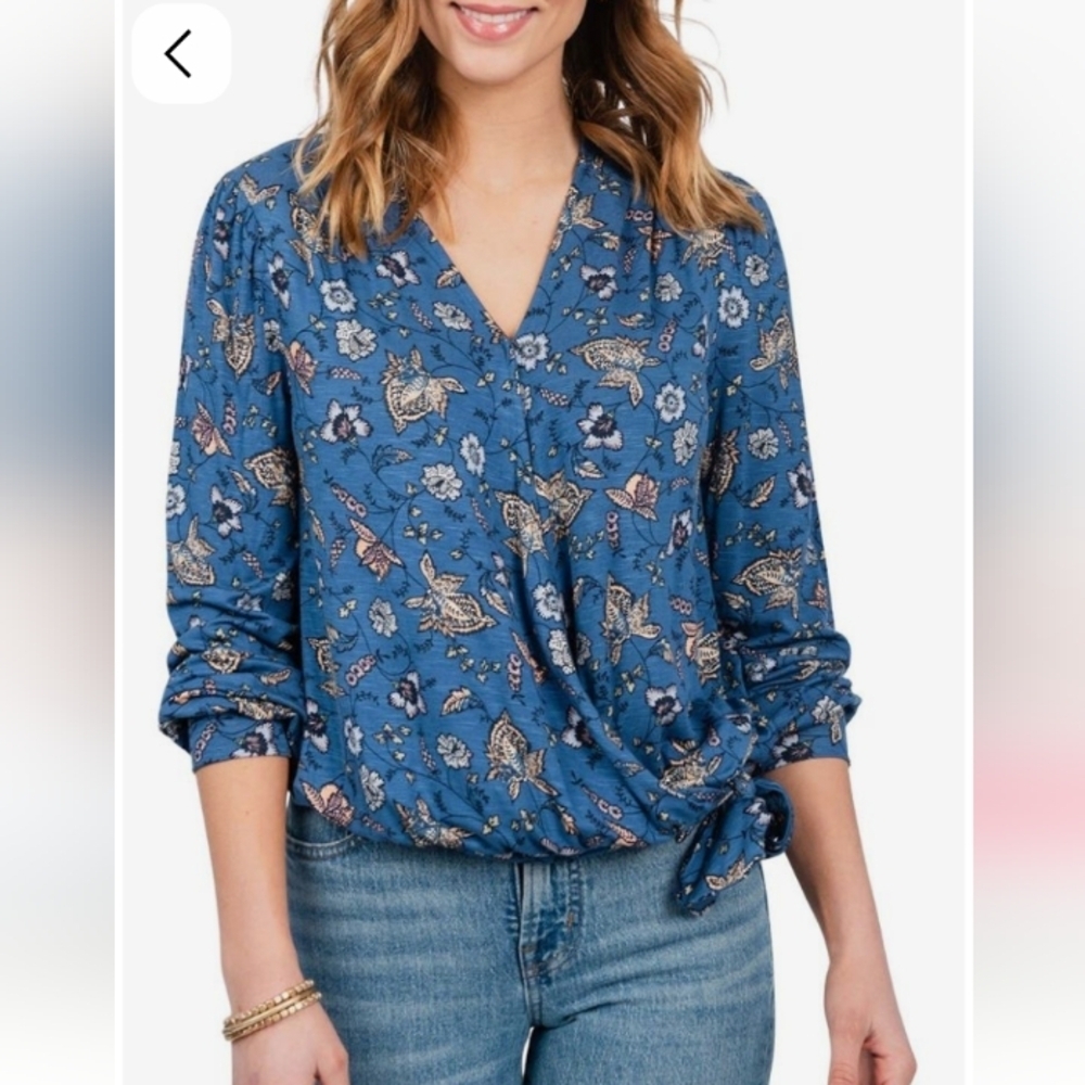 One World Long Sleeve Vneck Surplice Front Knit Top Indigo Olga Plus Size 2X